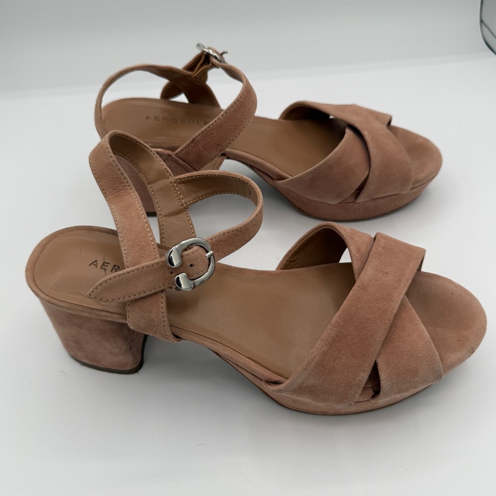 Aerosoles Women Blush Tan Suede Platform Block Heel Sandals Ankle Strap Size 7